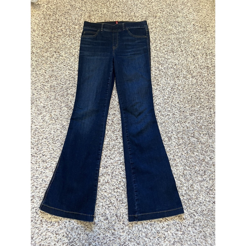 Spanx Womens Flare Jeans Sz Medium Blue Dark Wash Pull On Stretch Fit 33" Inseam